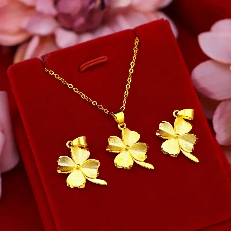 9999 Real Gold 24K Women's Four Leaf Clover Necklace Ancient Four Leaf Lucky Clover Pendant