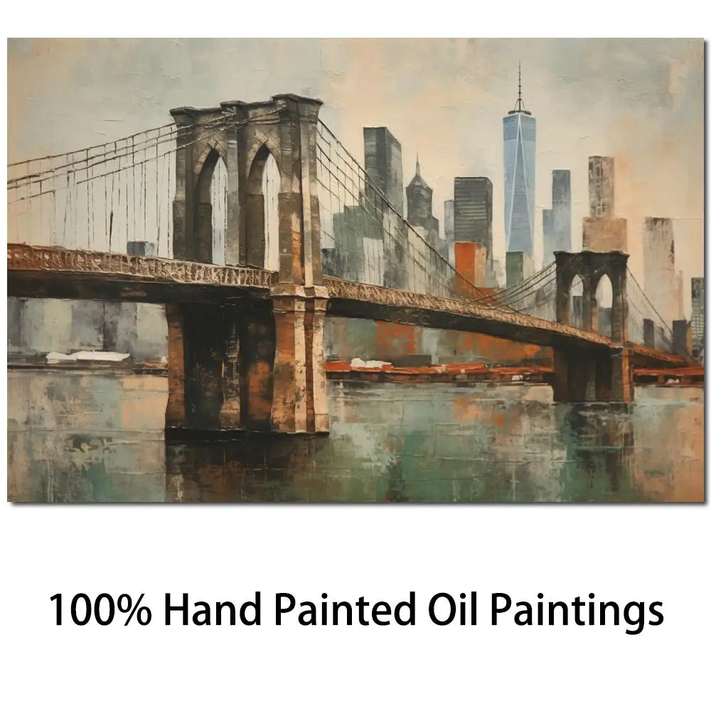 

Wall Art Oil Painting New York Bridge Handmade Modern Abstract Canvas Artwork Landscape Picture For Living Room Decor