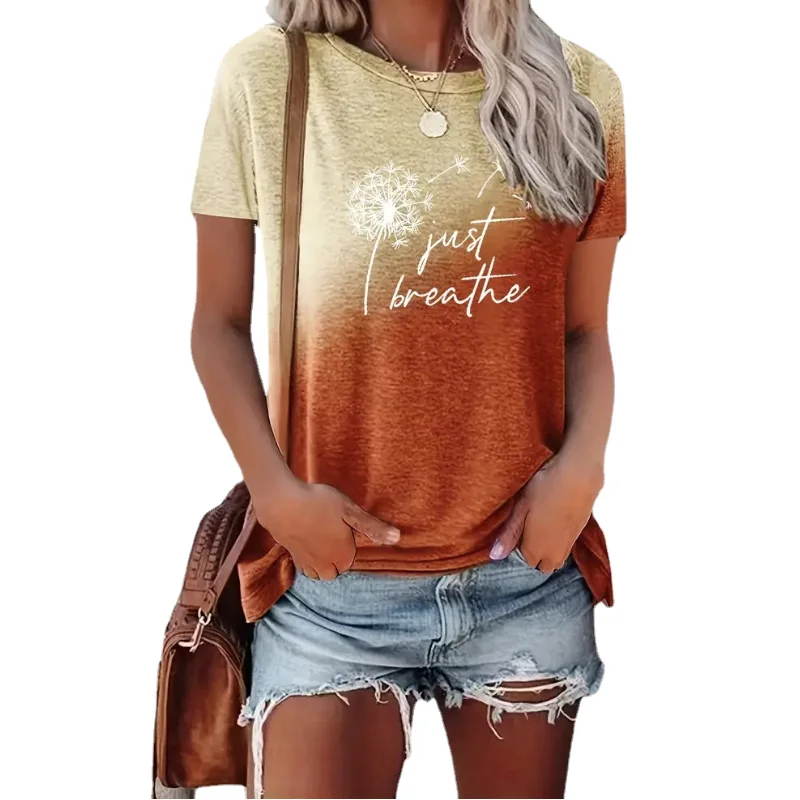 2025 New Spring Summer Women's T Shirt--Dandelion Gradient Printed Top Fashion Clothing Short Sleeve Matching  Clothes