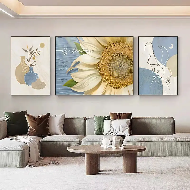 

Modern simple cream style decoration living room landscape triptych Nordic light luxury abstract canvas painting