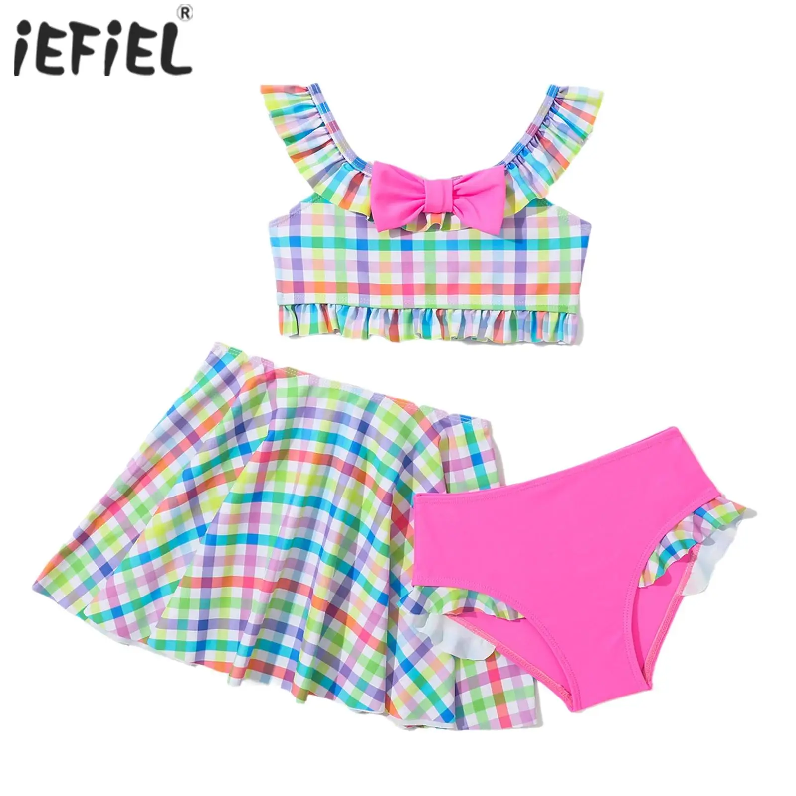 Kids Girls 3 Pieces Swimsuit Swim Sets Tankini Swimwear Outfits with Coverup Beach Skirt Colorful Gingham Beachwear Bathing Suit