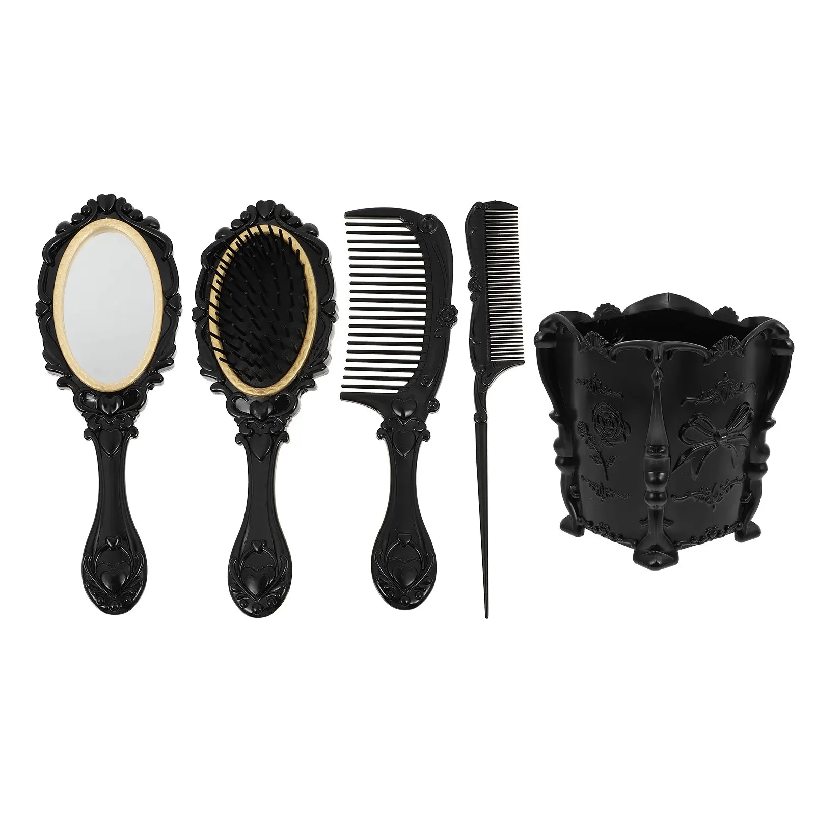 5Pcs Dressing Mirror Brush Set Detangling Hair Brush Comb Salon Home Desktop Holder Storage Holder Hair Care Tools
