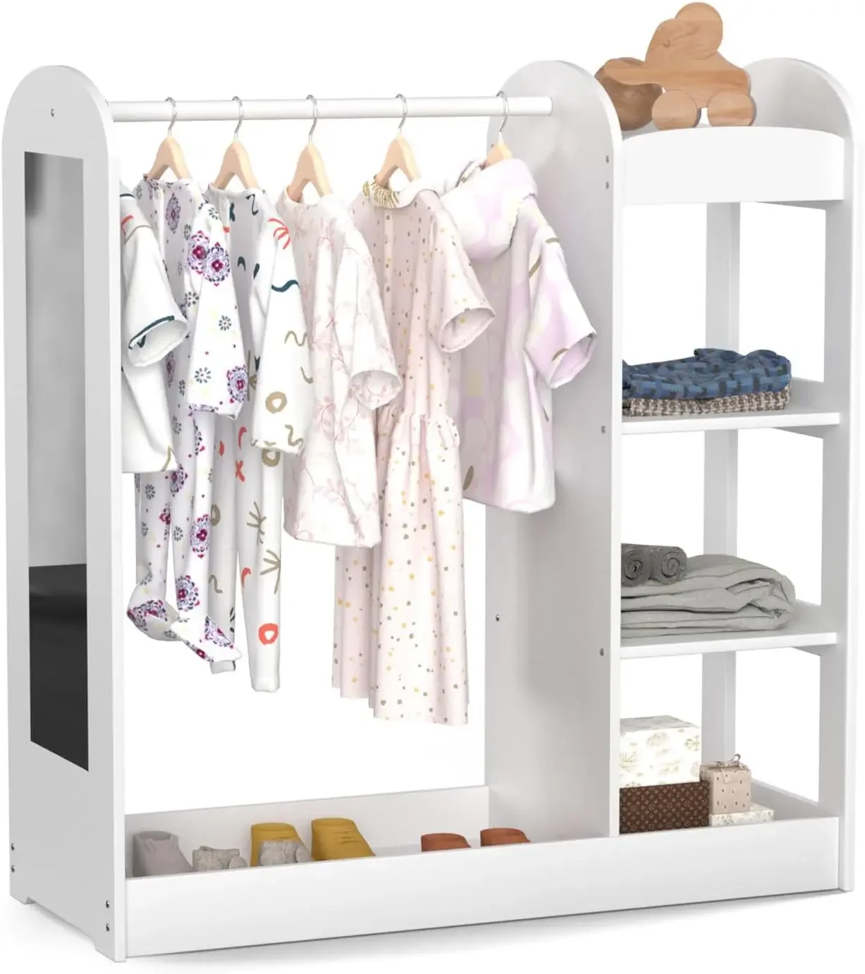 Full Length Mirror, Kids Armoire Wardrobe Closet with 3-Tier Shelve, Clothes Rack and Bottom Tray, Opening Hanging Baby Wardrobe