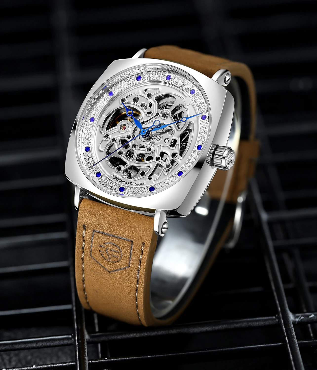 FORSINING Luxury Diamond Design Mens Watches Square Skeleton Automatic Mechanical Wristwatch Brown Genuine Leather Fashion Clock