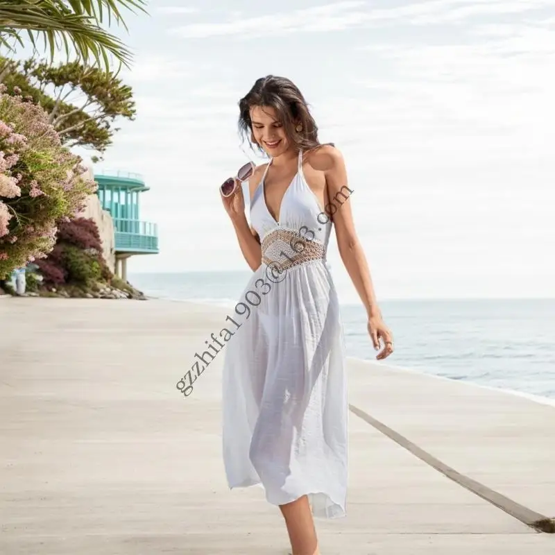 Lace Up Beach Covern up Dress Roupas roupas praia sem Tecido respirável .A5KC