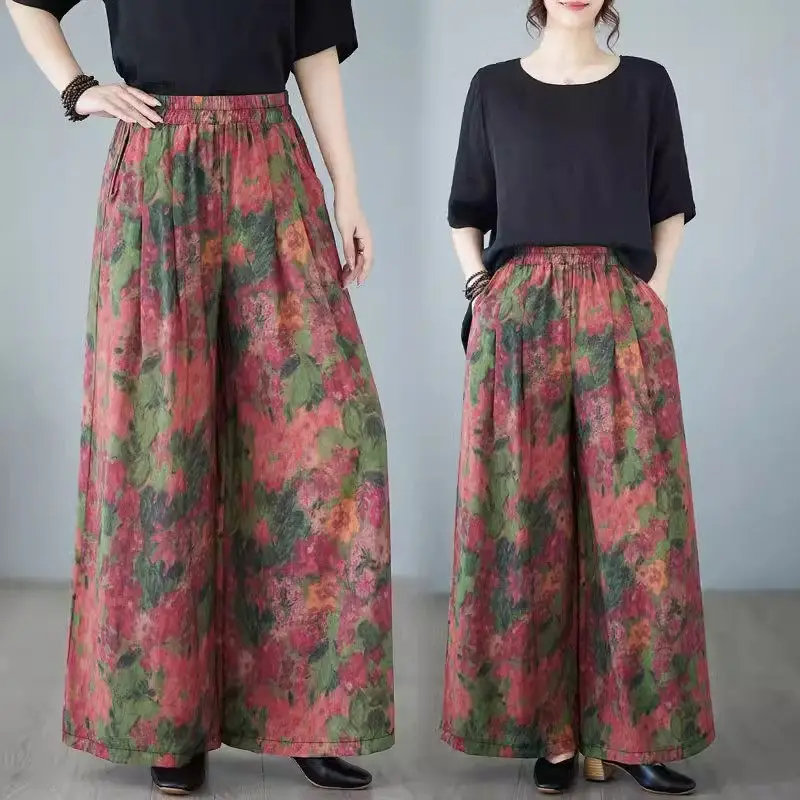 Elastic Waistband Oversized Wide Leg Pants For Mothers 2026 Spring And Summer Elegant Ramie Print Trousers K779