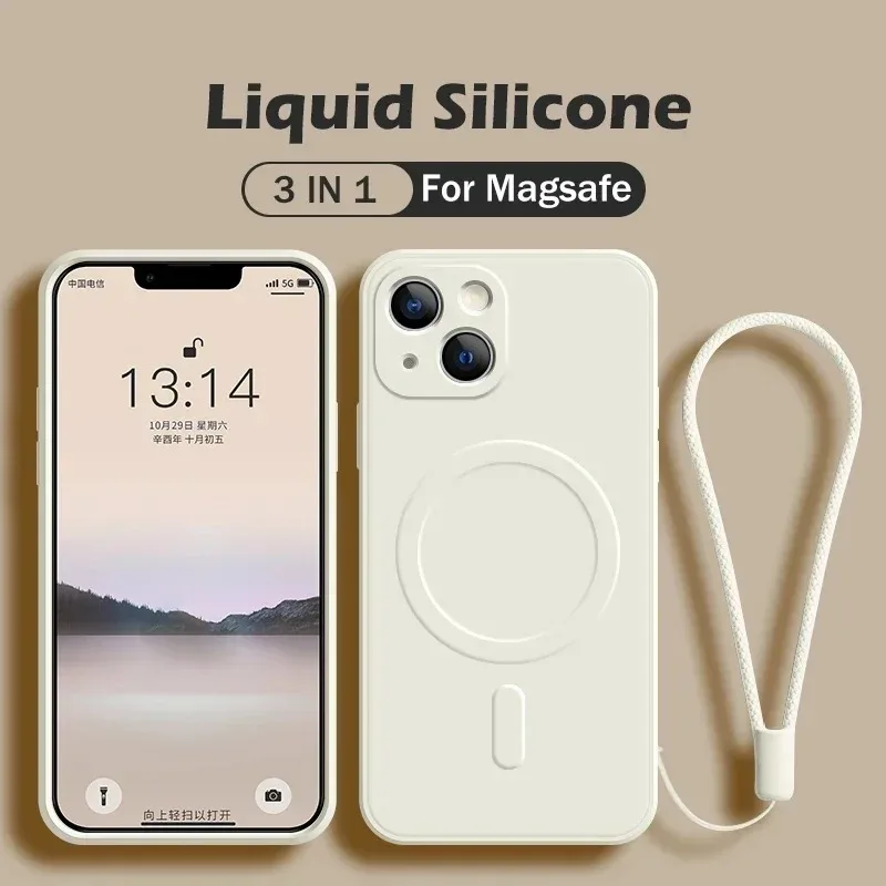 

Magnetic Wireless Charge Case For iPhone 15 12 14 13 Pro Max 13 Mini 11 XR XS X 7 8 Plus For Magsafe Liquid Silicone Strap Cover