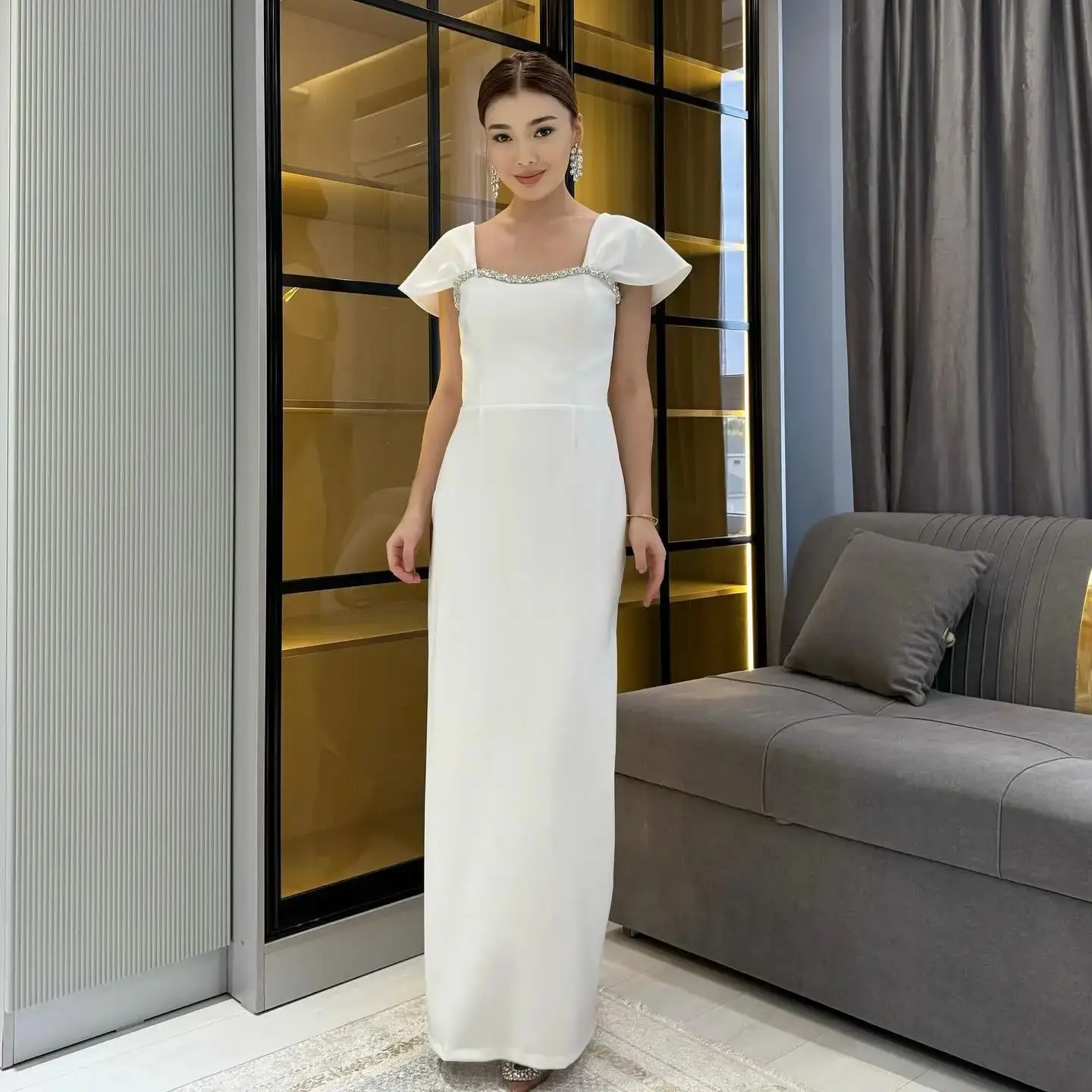 

Adeli Elegant Square Neck Prom Gown Women Ivory Beaded Party Evening Dress Floor Length customized Saudi Special Occasion Gowns