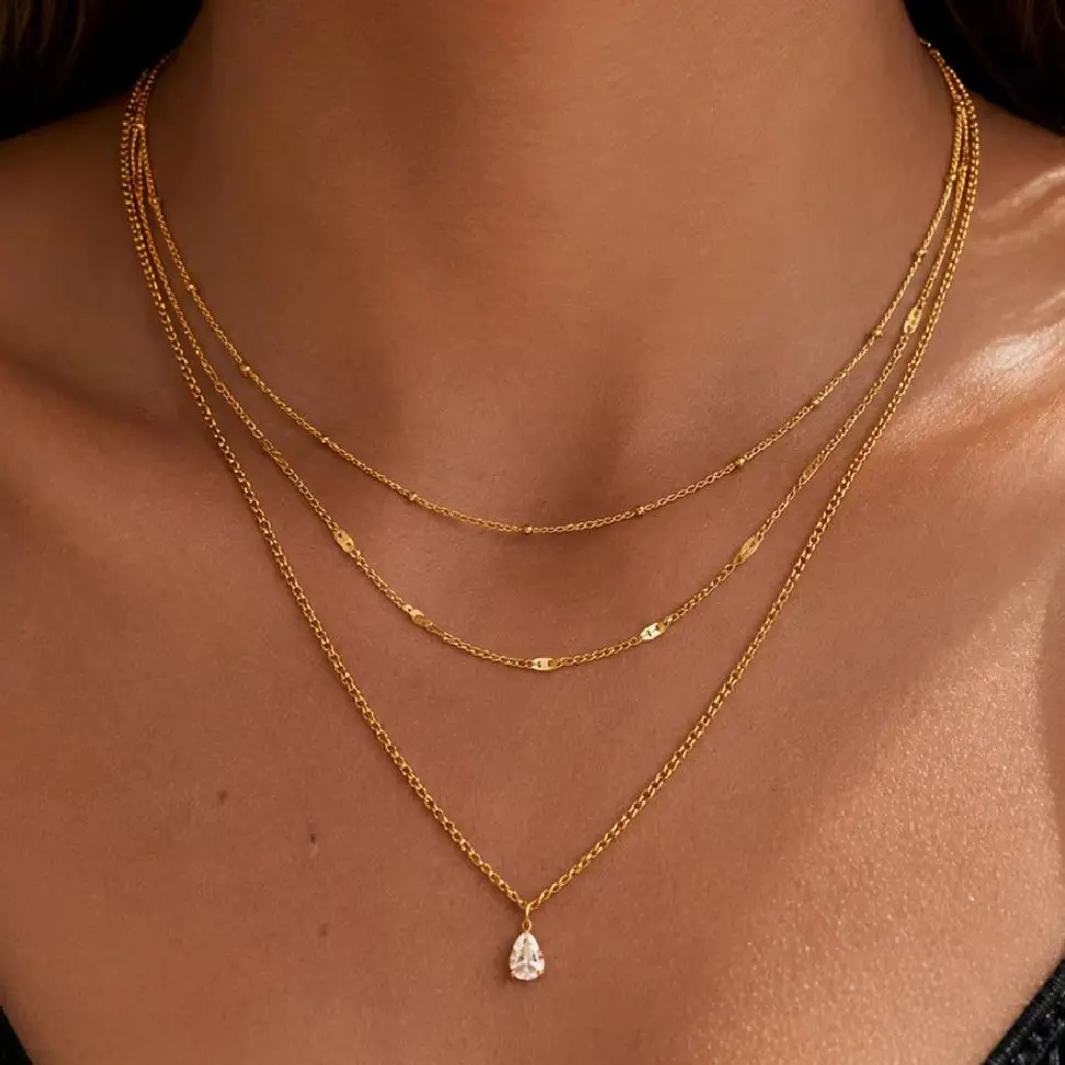 SHIXIN New 18K Gold Plated Stainless Steel Multiple Layer Water Drop Zircon Pendant Necklace Exquisite Waterproof Women Jewelry