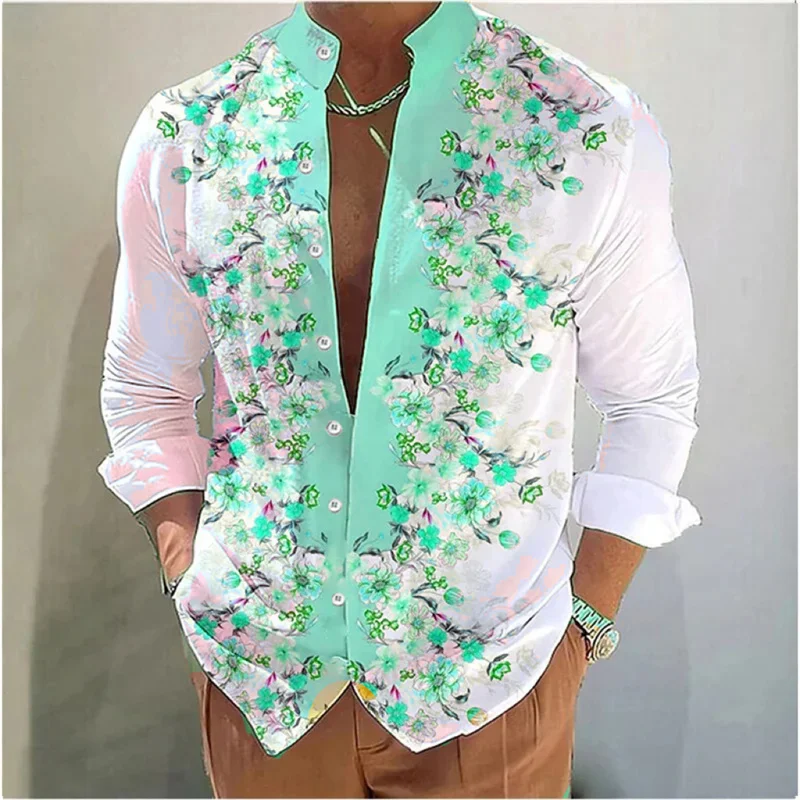 2024 new spring and summer new men's casual fashion stand-up collar shirt 3D digital printing flower pattern long-sleeved top