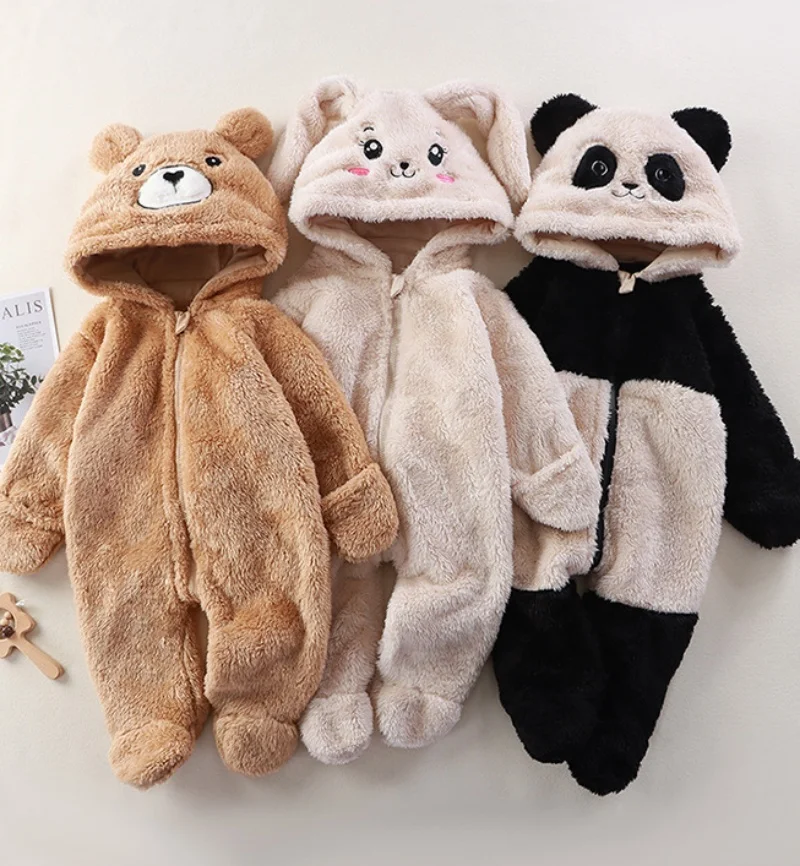 Autumn Cute Baby Bodysuit Cartoon Animal Flannel Hooded One Piece Clothes For 0-12M Boys Girls Soft Warm Infant Romper