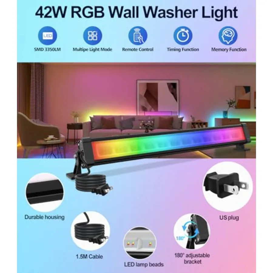 42W RGBW Wall Washer Light, 3350lm, IP66 Waterproof Wash Light Bar with Remote, Color Changing Wash Flood Strip Lighting for St