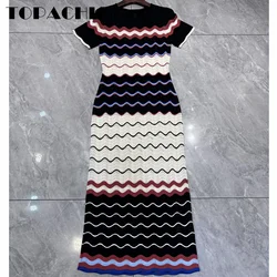 7.1 TOPACHIC Women High Quality Wave Striped Weave Hollow Out Jacquard O-Neck Slim Long Knitted Dress