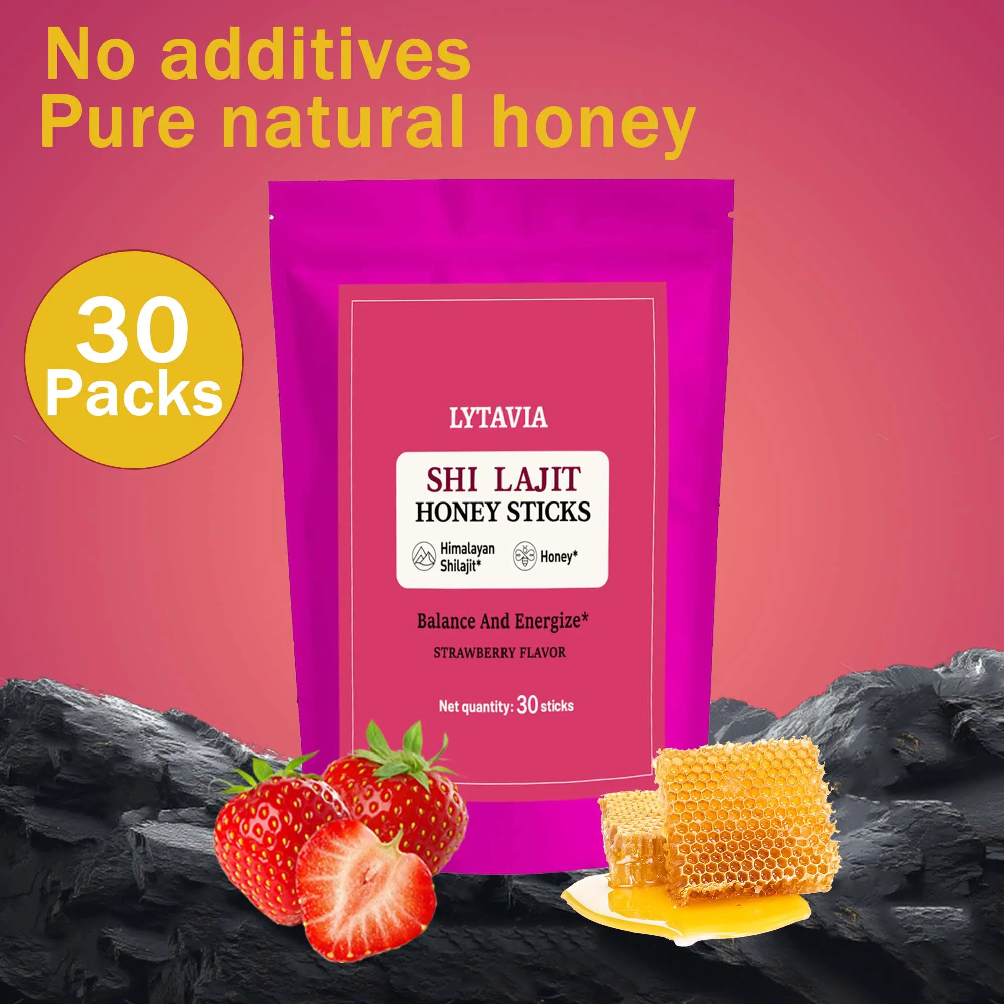 عسل الهيمالايا بنكهة الفراولة الطبيعية، يوفر دعمًا للطاقة، يحتوي على أكثر من 85 أثرًا من المعادن - 7/30 عصي