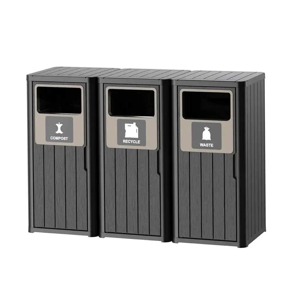 Outdoor Triple Bin Trash Can, Waterproof Resin Waste Bin with Labels, Durable for Porch, Backyard, Kitchen, Suitable for 30-39 G