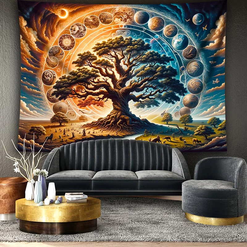 1PC Digital Printed Tapestry Wall Hanging, Tree of Life Moon Phase Cycle, Mystical Spiritual Nature Wall Decor