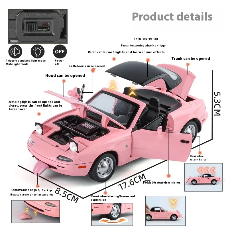 Mazda-Coche de aleación de MX-5 a escala 1:24 para niños, modelo de coche en Miniatura de Metal fundido a presión, colección de sonido y luz, vehículo de juguete, regalo C375