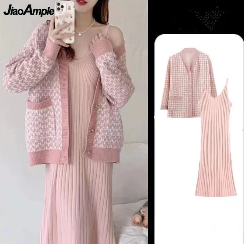 

Women Sweater Cardigan V-Neck Tank Dress 2 Piece Sets Autumn Winter Korean Style Lady Graceful Pink Knit Jacket Dresses Suits