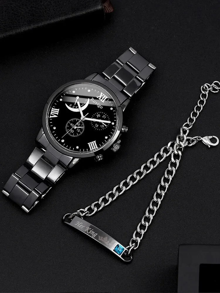 2pcs Fashion Business Gentleman Round Steel Band Men\'s Quartz Watch with Chain Bracelet Set