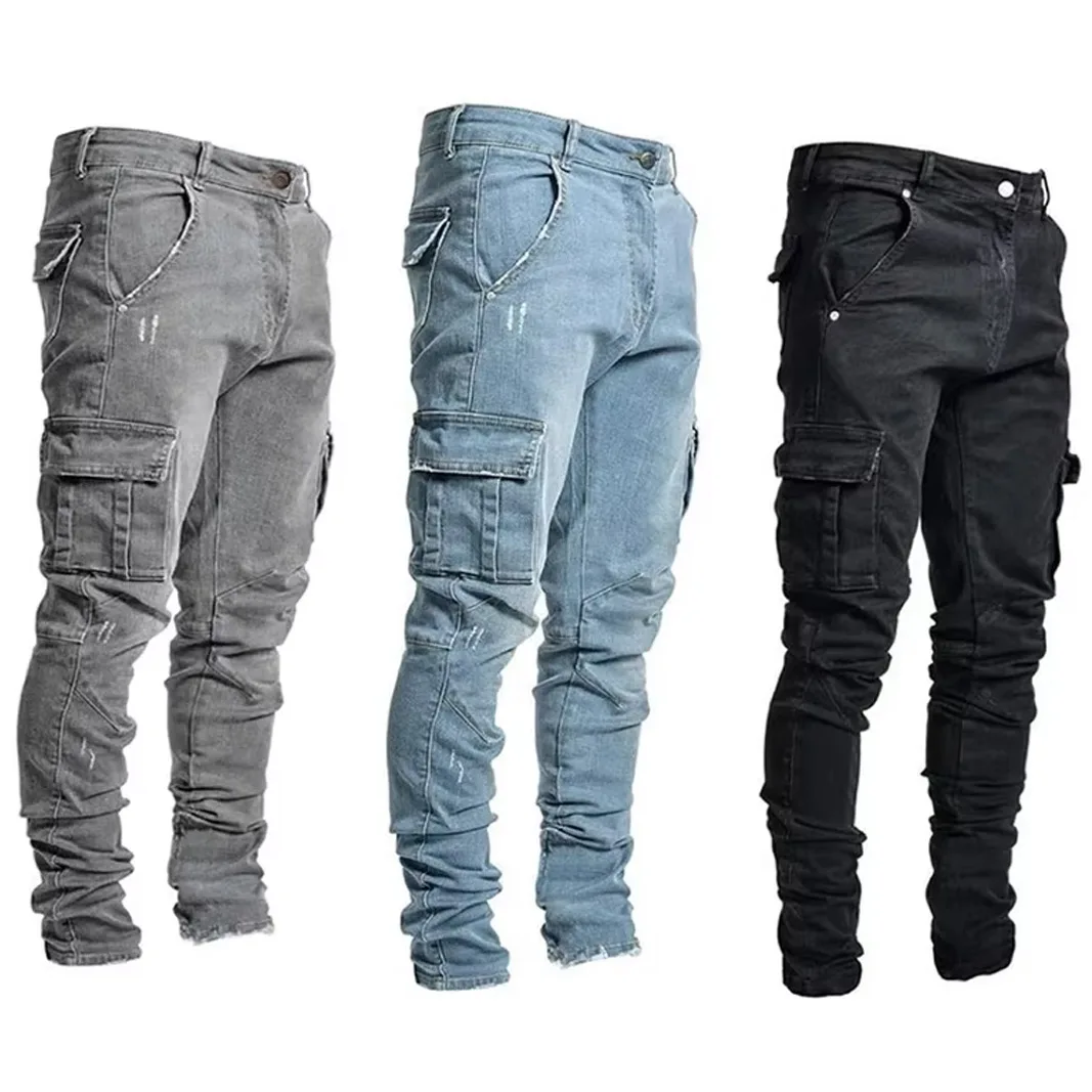 Men Casual Pencil Jeans Male Elastic Multi Pocket Small Slim High Street Denim Pants Wash Solid Color Mid Waist Cargo Jeans