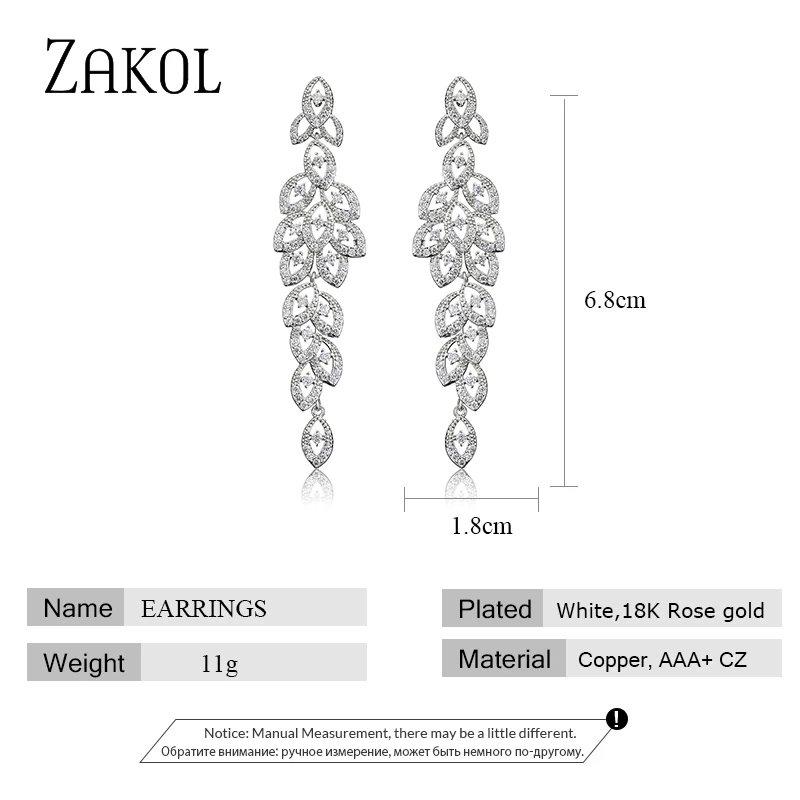 ZAKOL Luxury Cubic Zirconia Long Leaf Shape Dangle Earrings for Women Bride Romantic Bridesmaid Wedding Jewelry