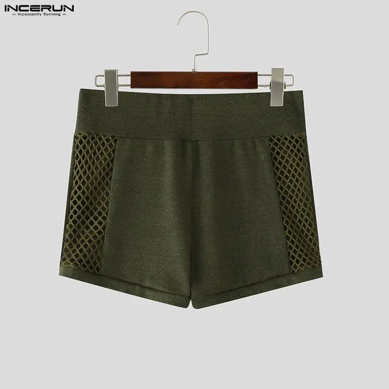 INCERUN Men Shorts Mesh Patchwork Hollow Out High Waist Men Bottoms Summer Sexy Elastic Waist See Through Fashion Shorts For Man