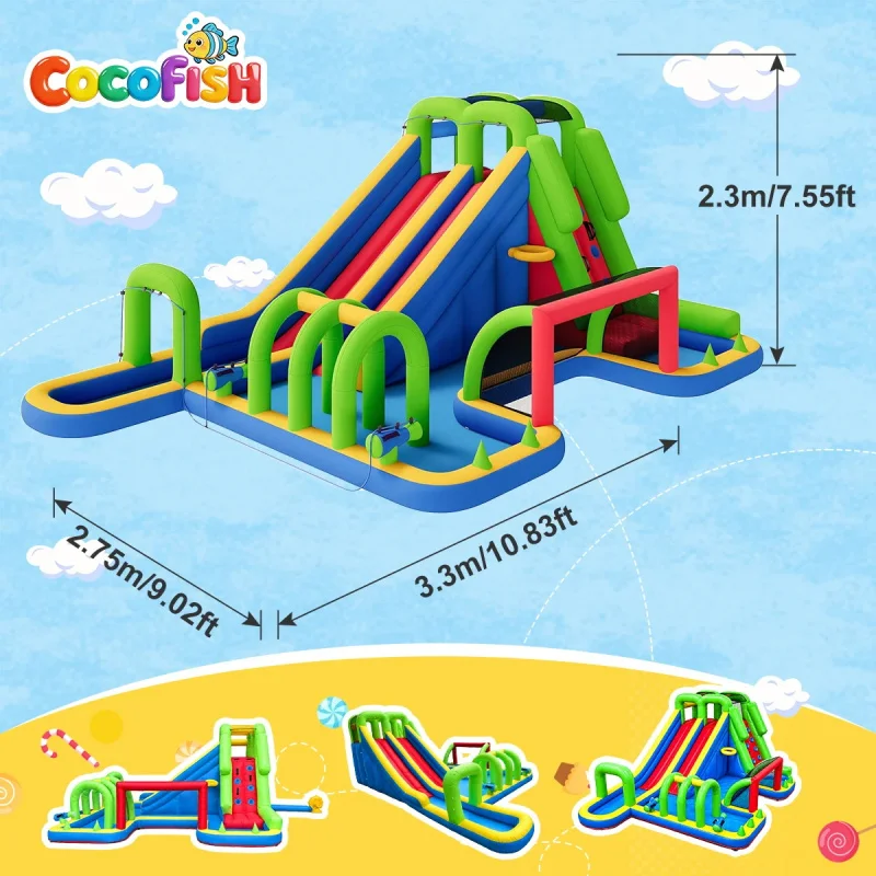 Cocofish Large Inflatable Water Park with Dual Racing Slides & Sprinkler System, Commercial Bouncy Castle Water Combo for Summer