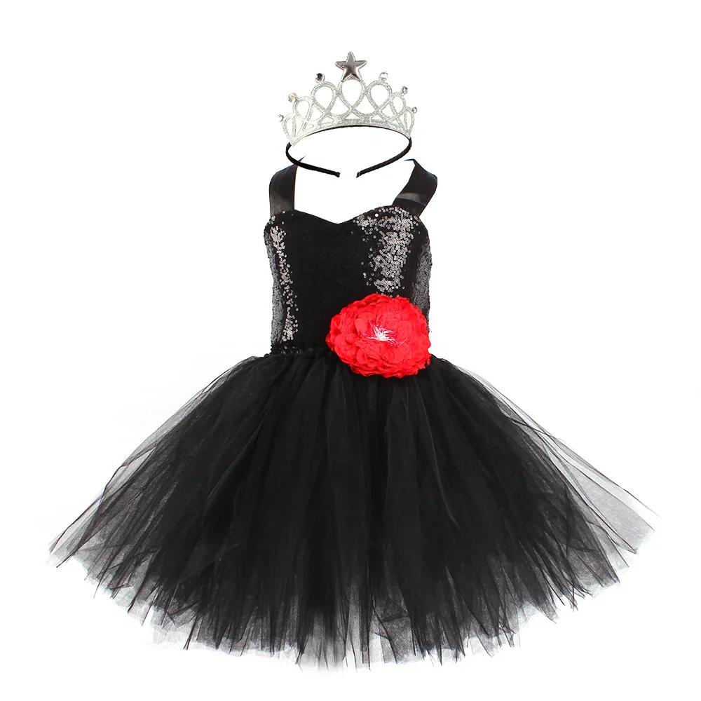 Colorful Sequin Fancy Beautiful Girls Mesh Tutu Dress Floral Princess Elegant With Crown Outfit Stage Performance Hosting Wear