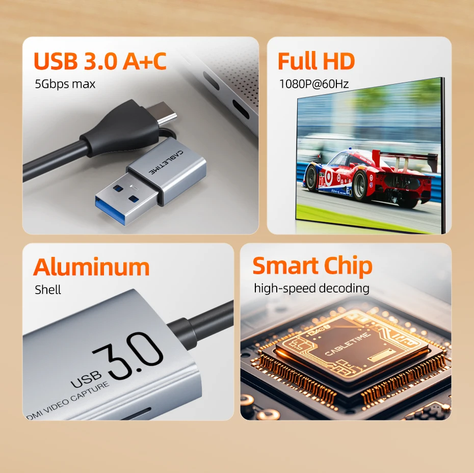 CABLETIME Video-Aufnahmekarte USB 3.0 4K HDMI zu USBA USB-C HDMI Video-Grabber-Box für PC Computer Kamera Live-Gaming – Detail 2