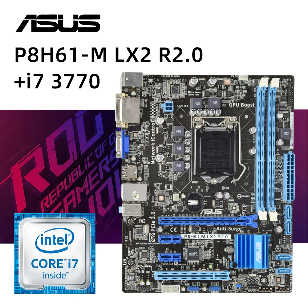 1155 motherborad kit  ASUS P8H61-M LX2 R2.0+ i7 3770 cpu Intel H61 motherborad kit PCI-E 2.0 2×DDR3 SATA II USB2.0 VGA Micro ATX