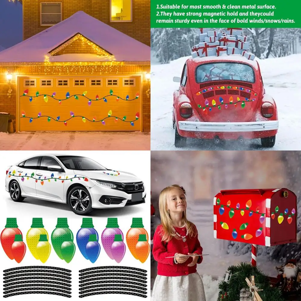 

52 Pieces Christmas Reflective Car Magnets Decorations 36 Pieces Refrigerator Colorful Bulb Light Magnets with 16 Pieces Magneti