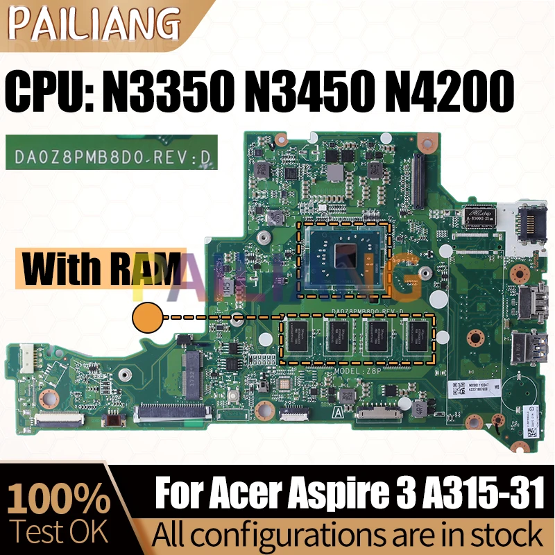 For Acer Aspire 3 A315-31 Notebook Mainboard DA0Z8PMB8D0 NBSHX11003 N3350 N3450 N4200 Laptop Motherboard DDR4 Full Tested