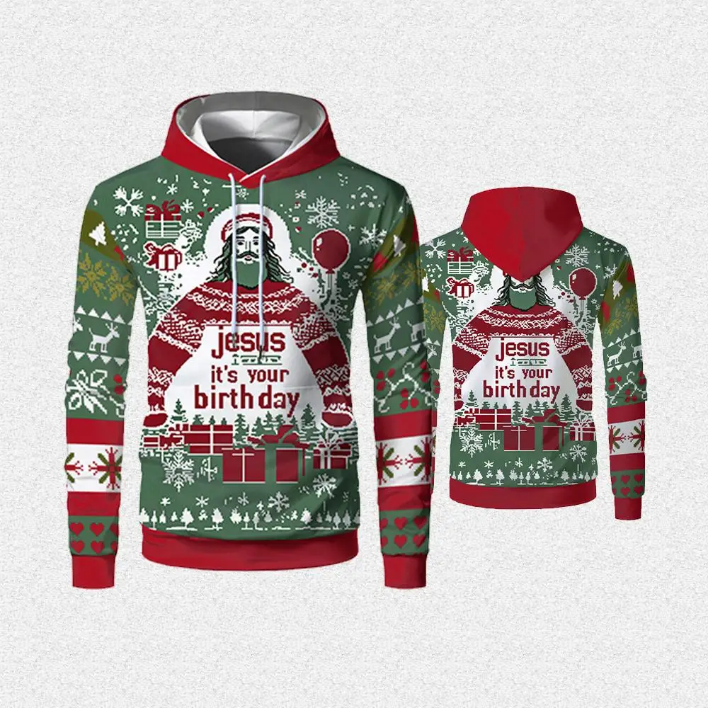 Jesus 3D Print Christmas Hoodie Spring/Autumn Street Style Fashion Casual Pullover Men's Loose Plus Size Holiday Gift Top