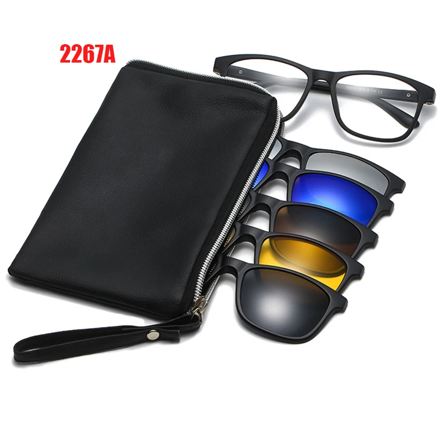 6 In 1 Spectacle Frame Men Women Optical Myopia With 5 Clip On Polarized Sunglasses Magnetic Glasses For Male Eyeglasses 2267