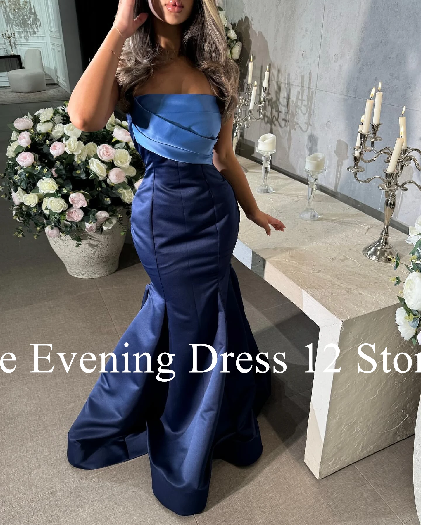 Customized Temperament Mermaid Strapless Satin Evening Dress High Quality Contrast Color Pleats Photo Color Vestido De Festa