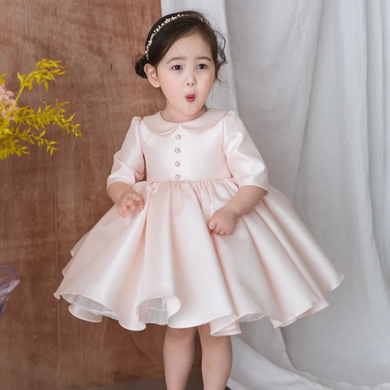 2024 New Girls' Dress Pink Flower Girl Dress Children's Puff Baby Girl One Year Old Princess Dresses Ball Gown