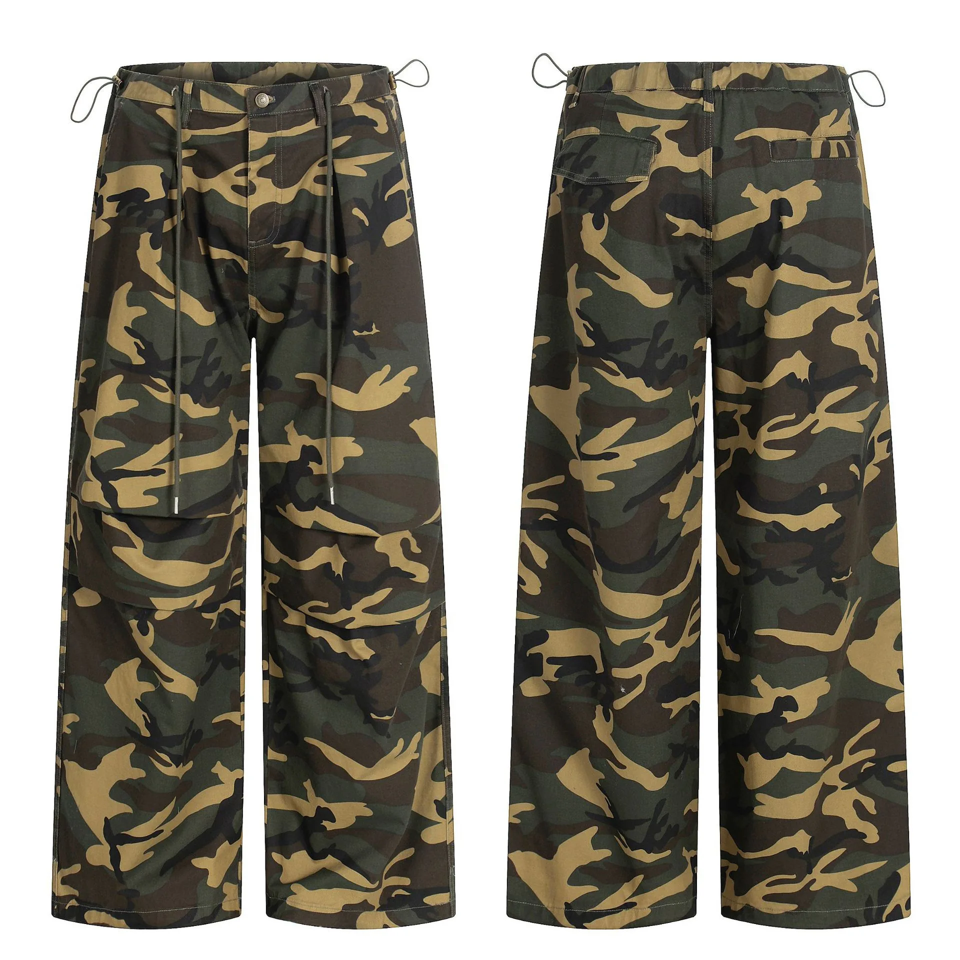 

American Retro Camouflage Pants Men's Loose Straight Leg Dstring Waist Casual Trousers ex Floor-Length Wide Leg