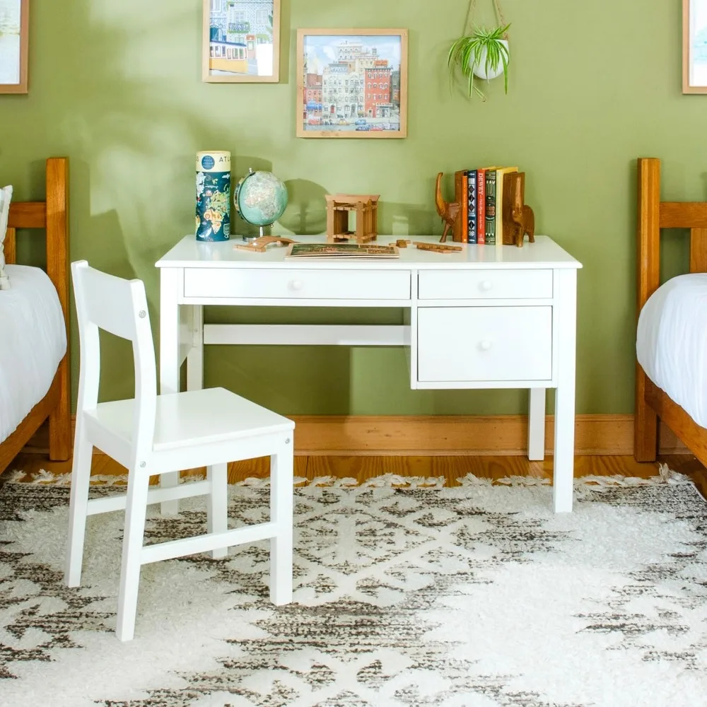 

Kids Madison Desk and Chair Set - White: Kids Table and Chairs for Bedroom, Kids' Writing Table with Storage Drawers, Wooden St