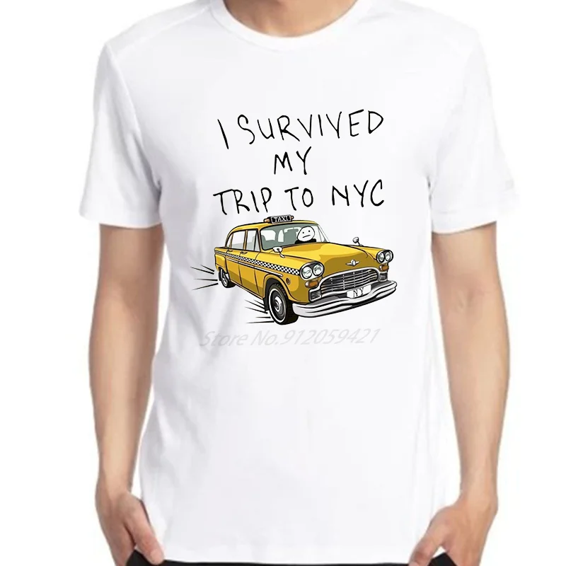 I Survived My Trip To Nyc T Shirt For Men New York Yellow Taxi Graphic T Shirts Cotton  Short Sleeve T-Shirts Men\'s Clothing