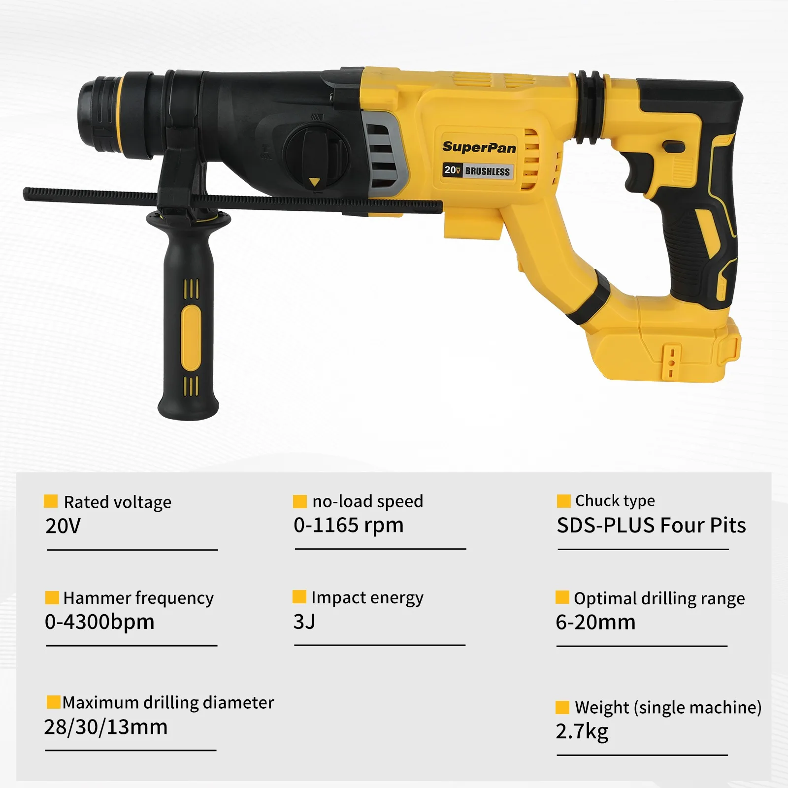 

Superpan DCH263 Wireless 20V Brushless SDS Hammer – D-Handle Rotary Drill for Concrete Wall Drilling
