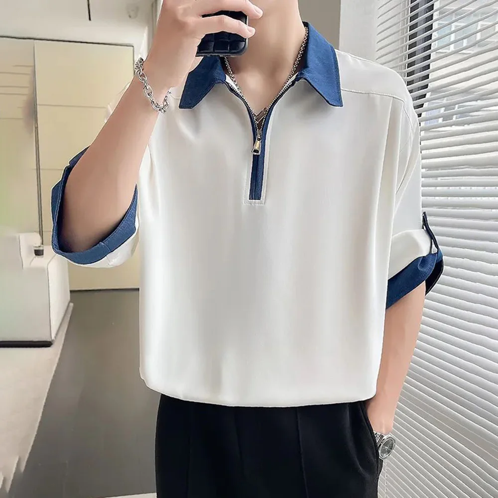 Mens Polo Shirt Half Zip Color Blocked Casual Streetwear Short Sleeved  Shirt Casual Cool Ice Silk Top Men's Clothing Unisex