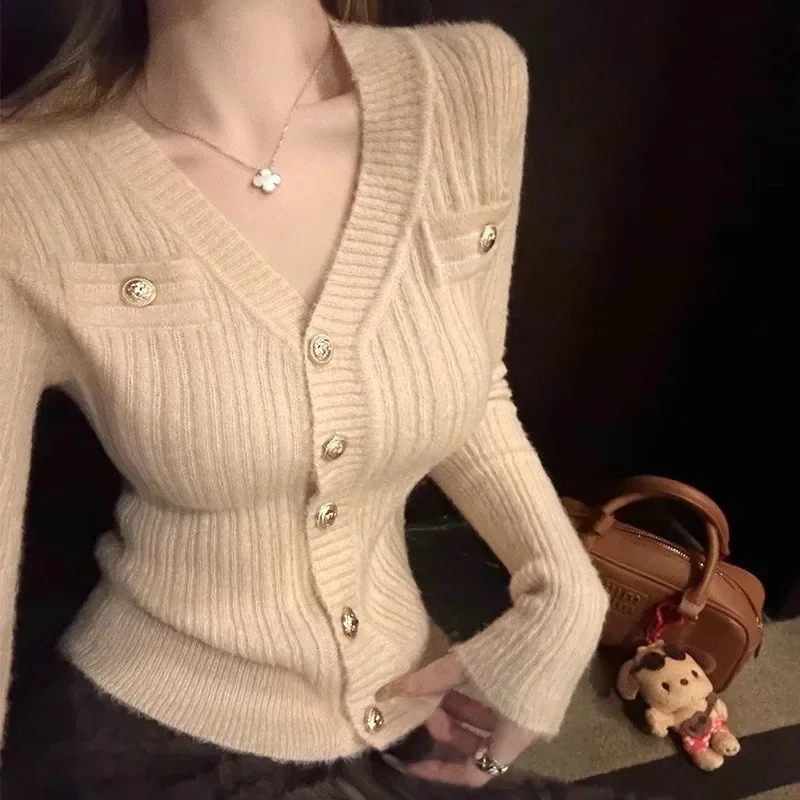 Long Sleeved V Neck Knitted Cardigan Autumn Waist Cinching Slim Fitting Tight Inner Layer Sweater Socialite Base Top Ladies' Top