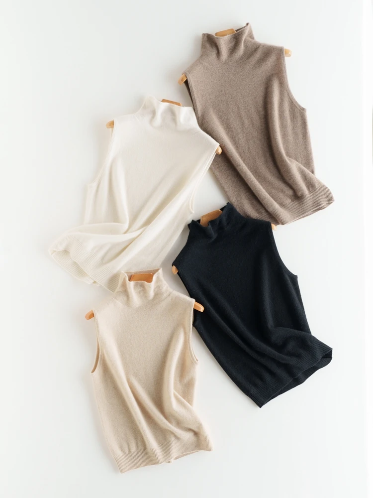 

Women 100% Cashmere Sleeveless Pullovers Turtleneck Sweater Waistcoat Cashmere Knitwear Spring Autumn Winter Fashion Vest Tops