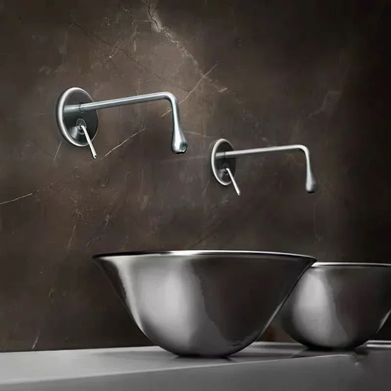 100% Brass Wall-Mounted Bathroom Faucet, Matte Black/Water Drop Design, Hot & Cold Mixer Basin Tap (Brushed Gold & Gun Grey)