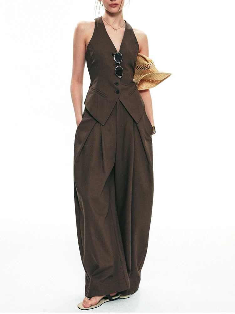 

Spring Fashion Vest Pants Suit Women Sleeveless V-neck Slim Vest+high Waist Loose Wide-leg Pants Autumn Female Two Piece Set