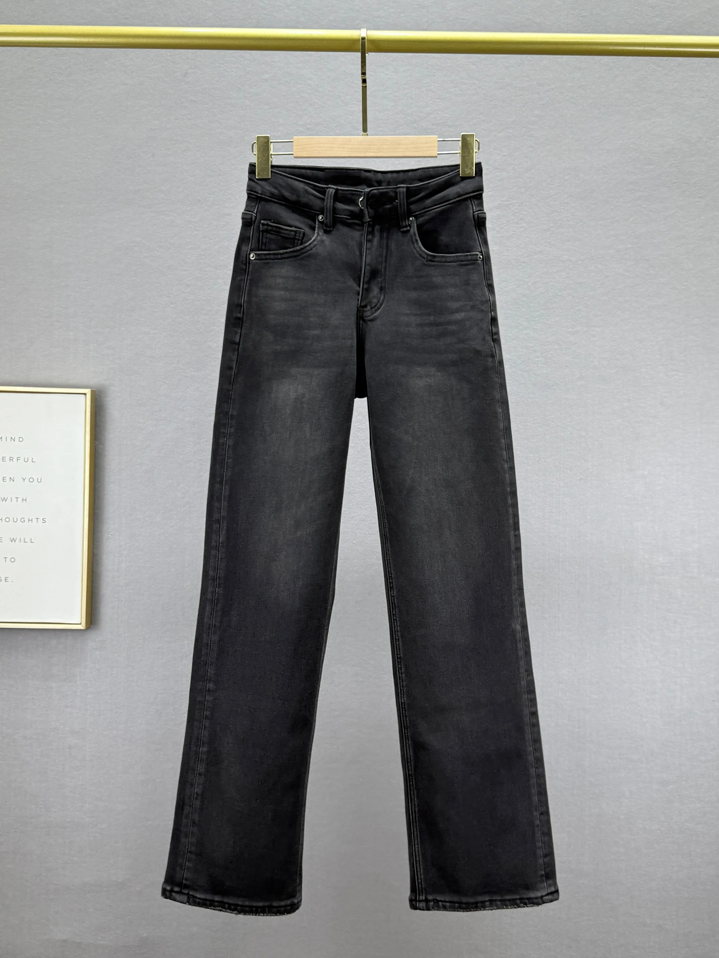 

High Waist Fce Lined Denim Jeans Women's Long Pants Straight Leg Retro Waed Cotton Stretch Winter New Sle Slimming