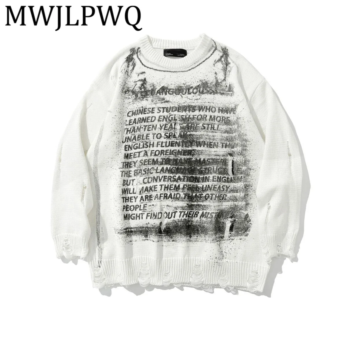 

MWJLPWQ мужской темный рваный свитер с принтом и брызгами чернил, винтажный американский уличный стиль, повседневные осенние топы с круглым вырезом, 21324