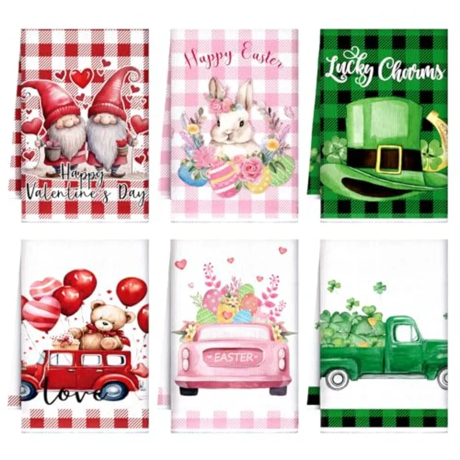 

6 Pcs Easter Kitchen Towels St. Patrick's Day Valentines Day Dish Hand Towels 23.62 x 15.75 Decorative Holiday Heart Gnome Sham
