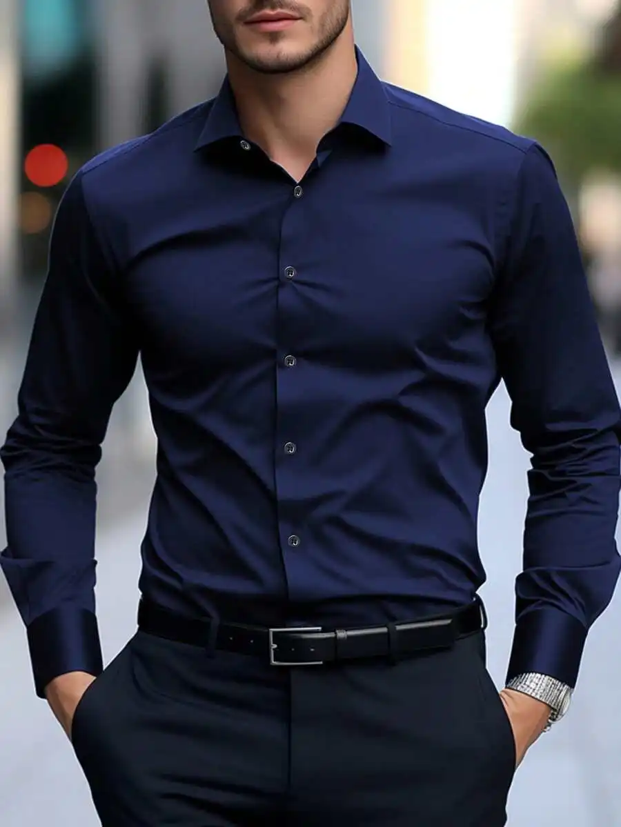 

Men's Solid Navy Blue Long Sleeve Button-Down Business Casual Shirt