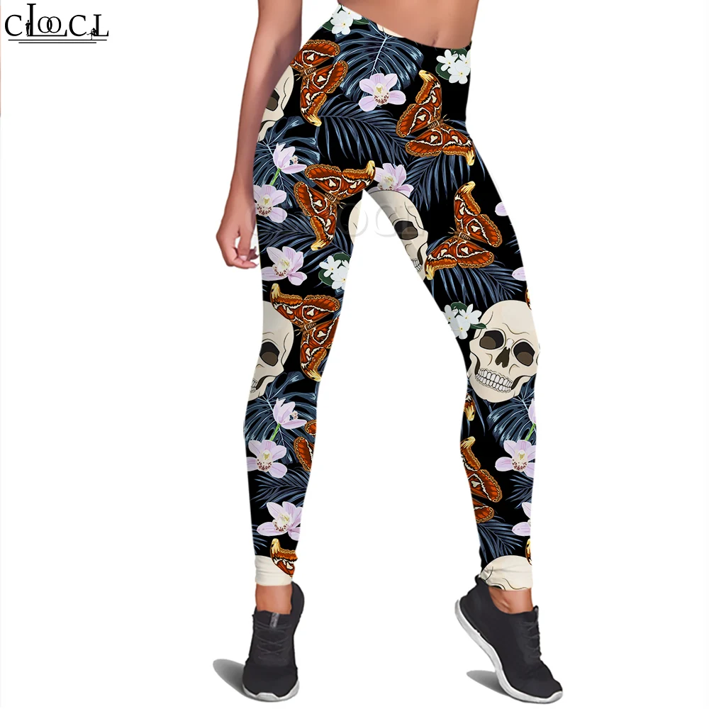 CLOOCL-leggings con estampado de mariposa y calavera para mujer, pantalones con estampado 3D para entrenamiento, Push Up, Jogging, transpirables, ajustados